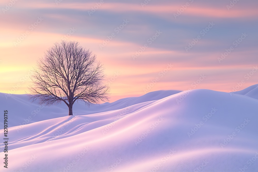 Solitary tree on snow-covered hills at winter sunrise Solitary tree on snow-covered hills at winter sunrise