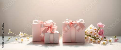 Elegant gift boxes wrapped with pastel ribbons, beside a bouquet of pastel roses and white daisies.