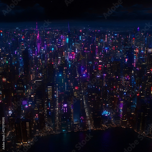 Nighttime Cyberpunk Cityscape with Gleaming Skyscrapers and Futuristic Neon Lights Glows After Dark photo