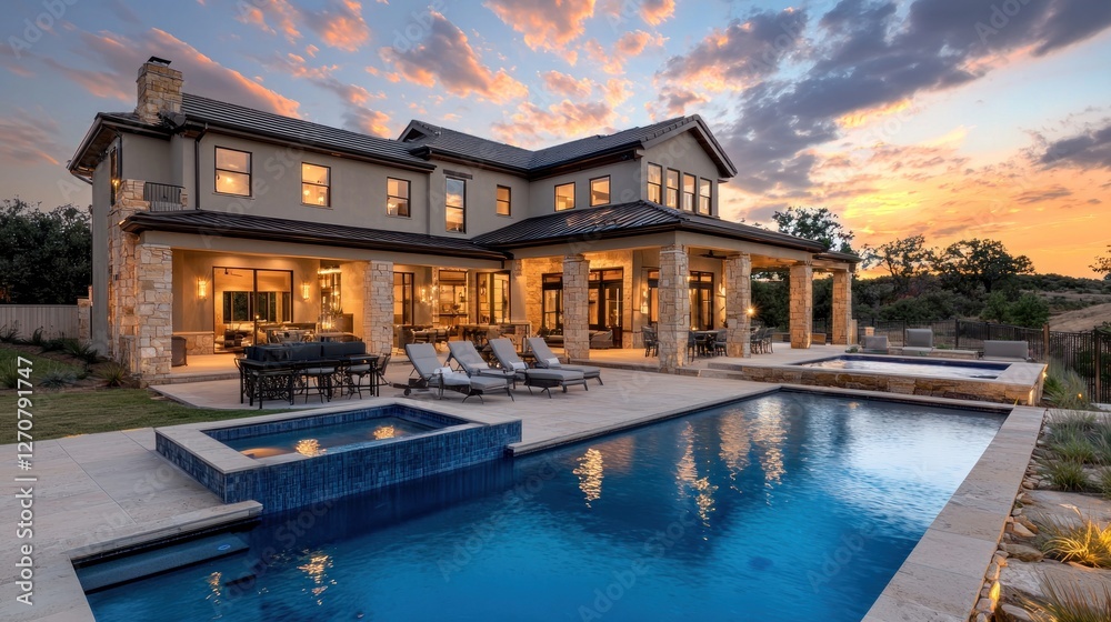 Elegant home with a pool at beautiful sunset hour Elegant home with a pool at beautiful sunset hour