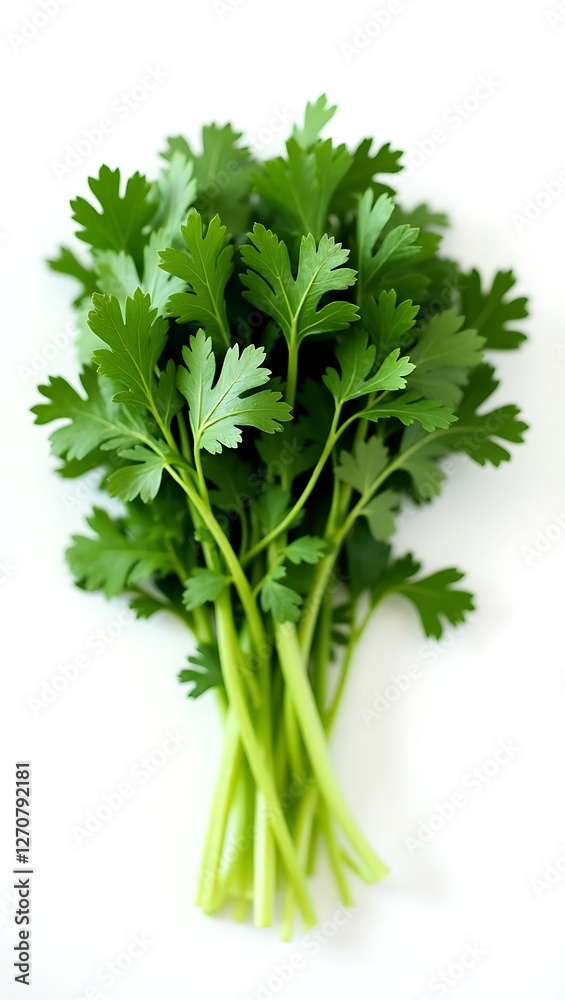 Fresh cilantro with lush green leaves stacked together on a plain background Fresh cilantro with lush green leaves stacked together on a plain background