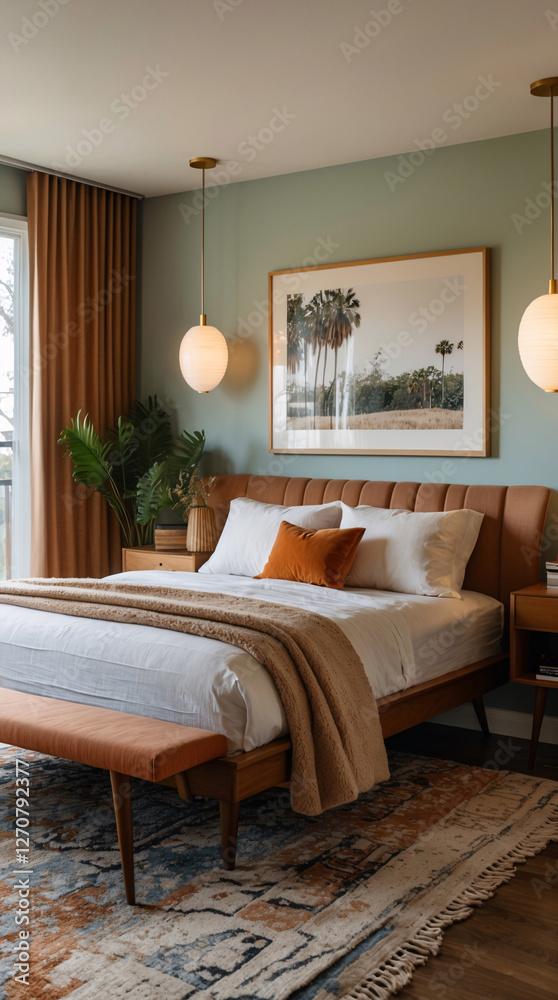 Fototapeta premium mid century bedroom with earthy tones on the walls unique decor and a peaceful view of trees through the window offering a natural retreat Modern Interior design inspiration