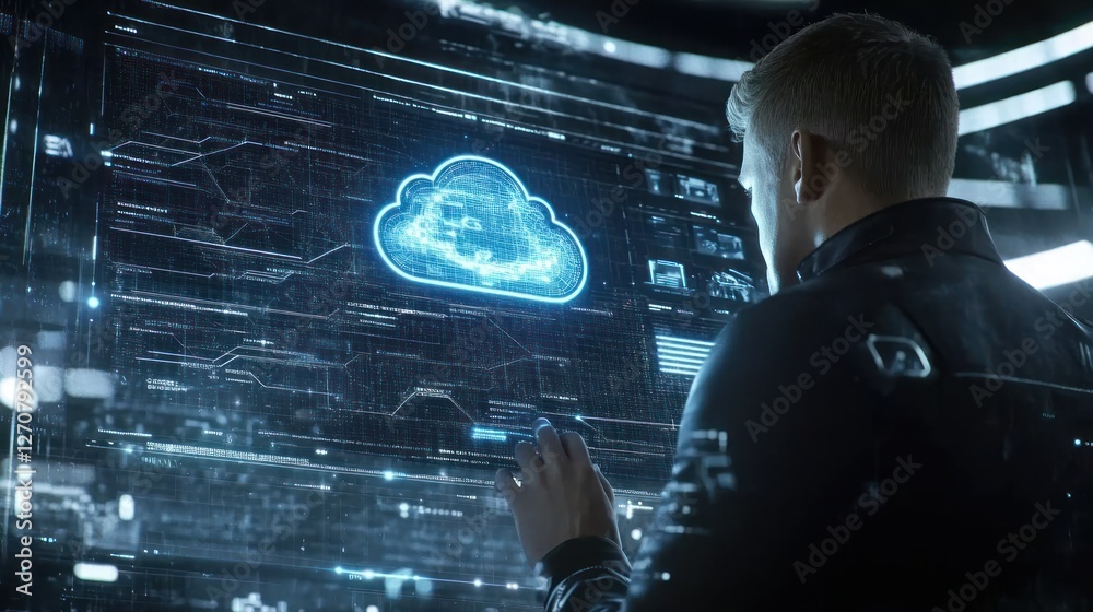 Fototapeta premium Man interacts with cloud data interface