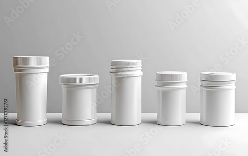 Wallpaper Mural Plastic Bottles Variety in Sizes, White Table, Pharmaceutical Packaging Use Torontodigital.ca