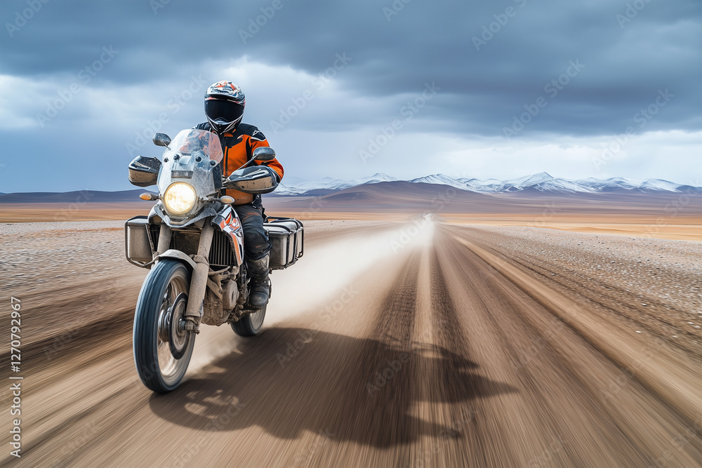 Motorcycle travel adventure, biker on road, feeling freedom and speed, motorbike transportation, outdoor journey with clear sky Motorcycle travel adventure, biker on road, feeling freedom and speed, motorbike transportation, outdoor journey with clear sky