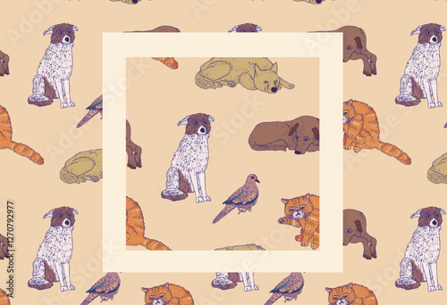 Dogs and cats. Urban homeless animals. Hand drawn animal illustration. Caring for animals in a shelter seamless pattern. Cute retro wallpaper texture