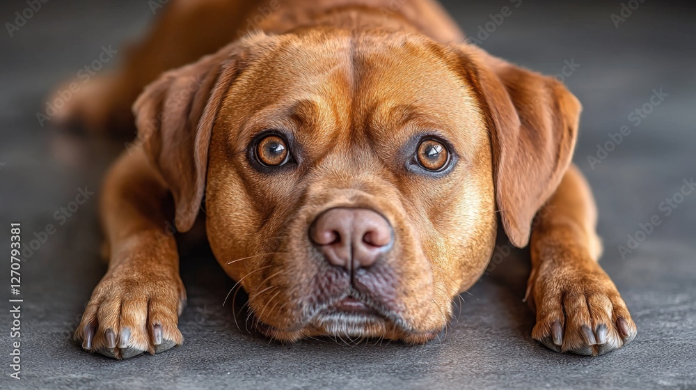 Obraz premium Adorable Brown Dog Relaxing on Floor with Big Expressive Eyes
