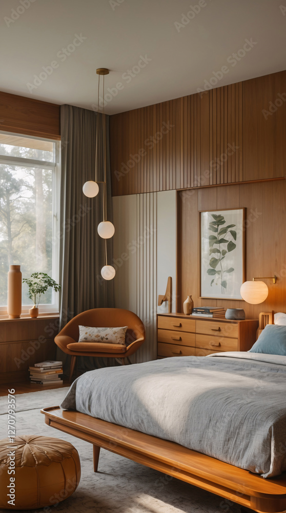 Obraz premium Mid century modern bedroom with earthy walls chic furnishings and a scenic view of trees outside the window for the calm and peaceful atmosphere Modern Interior design inspiration