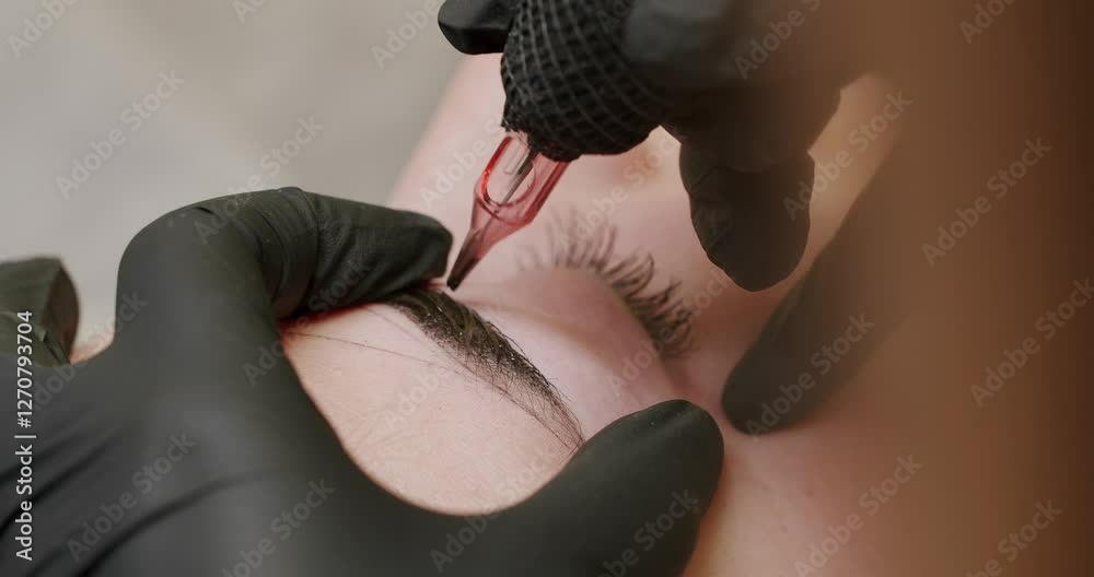 Microblading, permanent makeup tattoo close up. Master makes permanent eyebrow makeup procedure using special needle tattoo machine to woman in beauty salon. Cosmetology procedure.