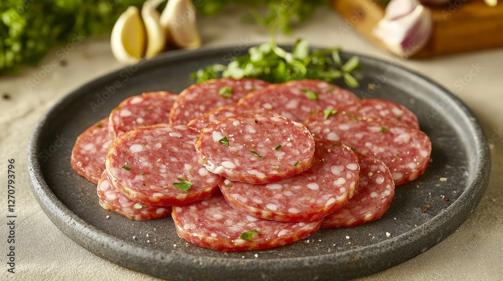 A platter of sliced salami garnished with herbs, showcasing a savory food presentation. A platter of sliced salami garnished with herbs, showcasing a savory food presentation.