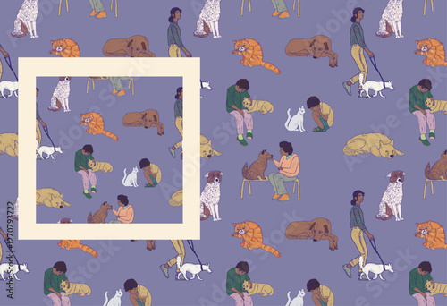 Family with pets. Seamless illustration pattern with old lady and boys grandchildren. Boys and grandma in hand drawn vintage style