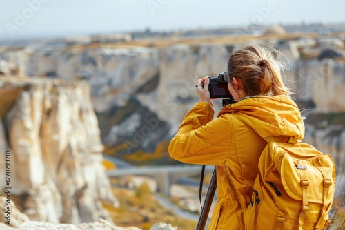 Female travel vlogger in yellow jacket setting up camera on tripod, capturing stunning canyon landscape. Windswept blonde hair, outdoor adventure, rocky cliffs, natural beauty, passion.