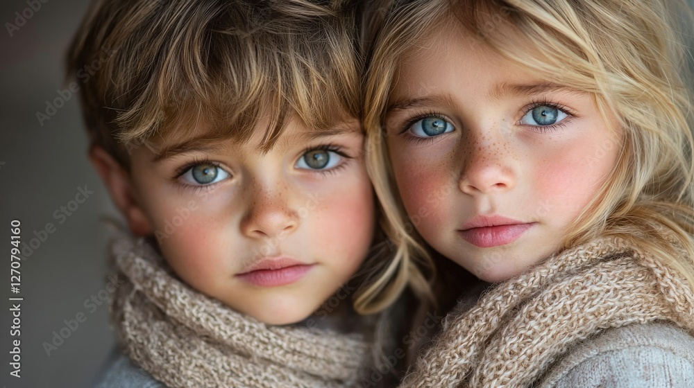 Adorable Children with Blue Eyes and Sweaters in Cozy Portrait Adorable Children with Blue Eyes and Sweaters in Cozy Portrait