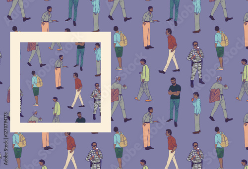 Men of different ages and professions. Human silhouette violet seamless pattern. Urban modern residents. People with dark skin. Retro texture, image of people silhouettes.