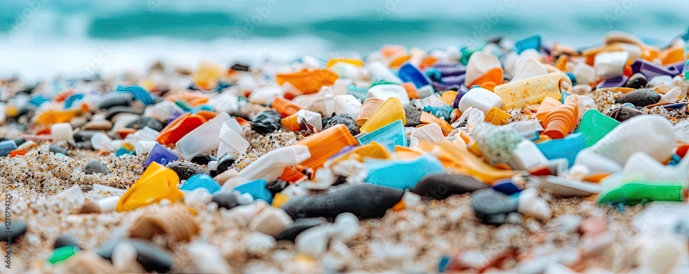 Plastic pollution concept. A vibrant beach scene showcasing colorful plastic debris on sandy shore. Plastic pollution concept. A vibrant beach scene showcasing colorful plastic debris on sandy shore.