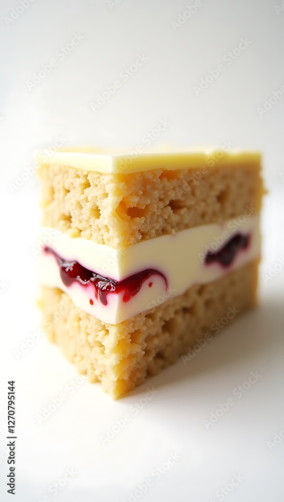 Extreme closeup of a layered dessert with cream and fruit filling made of sponge cake Extreme closeup of a layered dessert with cream and fruit filling made of sponge cake
