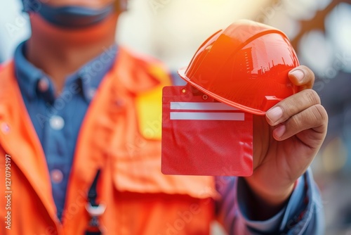 Close-up of a warehouse worker holding a red hard hat and safety badge, emphasizing workplace safety, industrial environment, protective equipment, and authorized personnel identification.