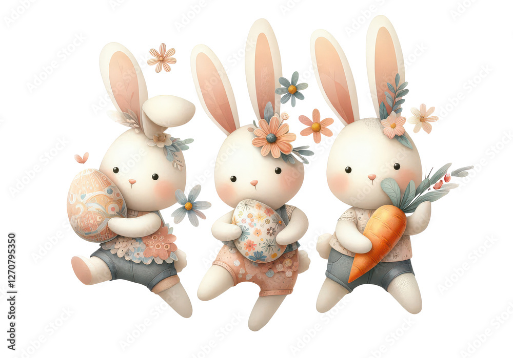 Obraz premium cute cartoon rabbit wear cool sunglasses and beautiful clothes, holding colorful eggs and carrot, idea of easter bunny holiday design