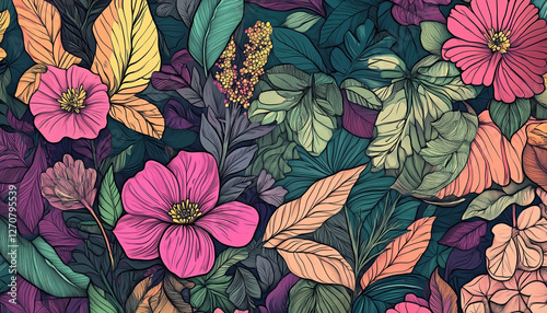 Vibrant Hand-Drawn Botanical Pattern with Colorful Flowers and Lush Leaves