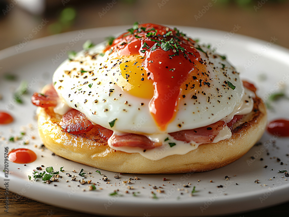 a breakfast dish with a fried egg on a muffin, drizzled with sauce and sprinkled with pepper. a breakfast dish with a fried egg on a muffin, drizzled with sauce and sprinkled with pepper.