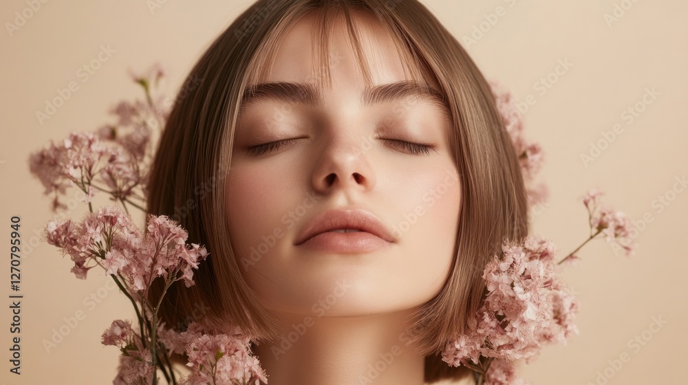 Serene woman, flowers, beauty, studio, calm background, skincare ad Serene woman, flowers, beauty, studio, calm background, skincare ad