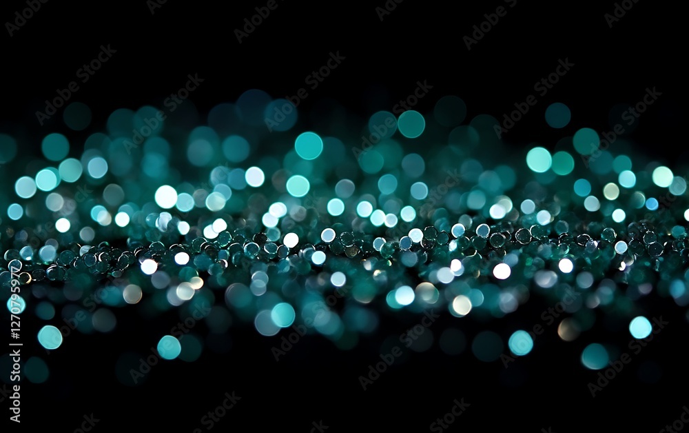 Fototapeta premium Sparkling teal beads adorn a dark surface, creating a magical, glittery texture for backdrops