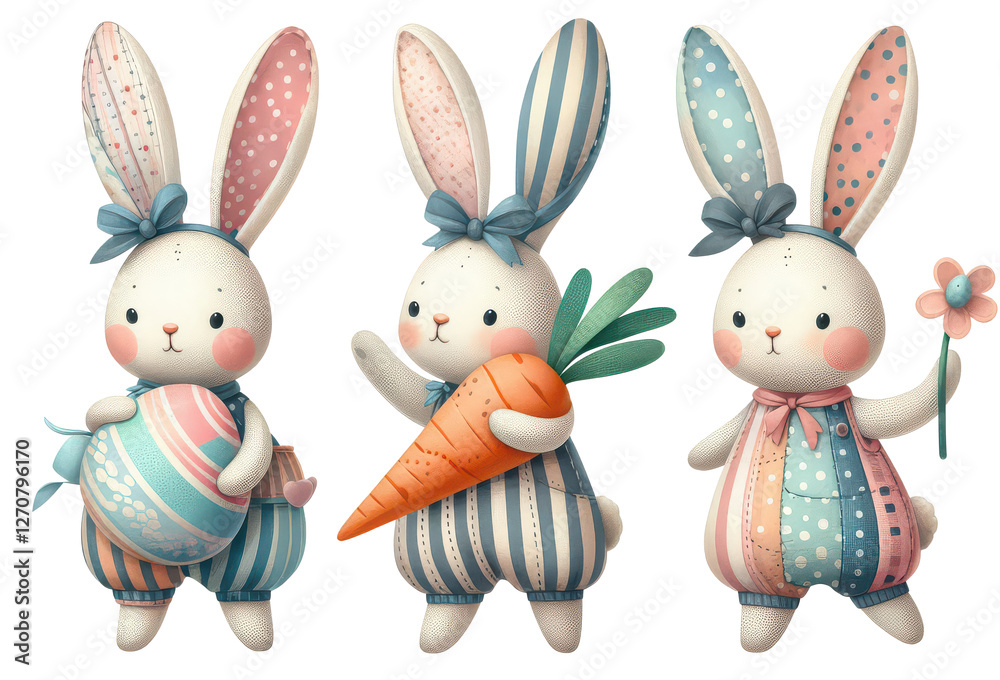 Obraz premium cute cartoon rabbit wear cool sunglasses and beautiful clothes, holding colorful eggs and carrot, idea of easter bunny holiday design