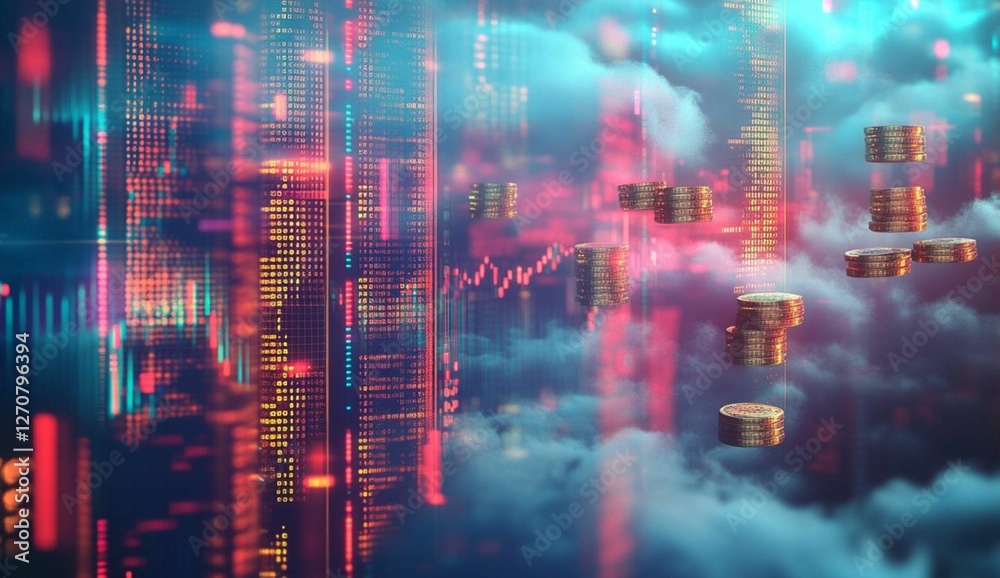 Obraz premium Golden Horizons: The Digital Symphony of Cryptocurrency Clouds