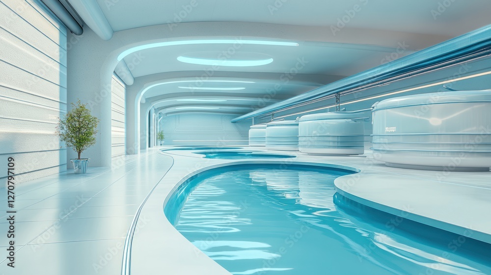 Obraz premium Futuristic spa pool, sleek design, calming blue water, modern architecture, wellness retreat
