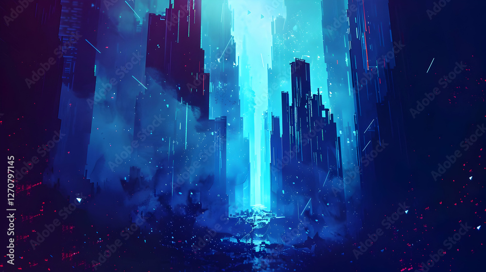 Obraz premium Futuristic cityscape illuminated by a glowing pathway amidst towering skyscrapers at dusk