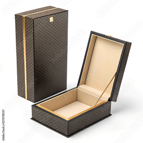 A stylish black gift box with a gold pattern and an open lid
