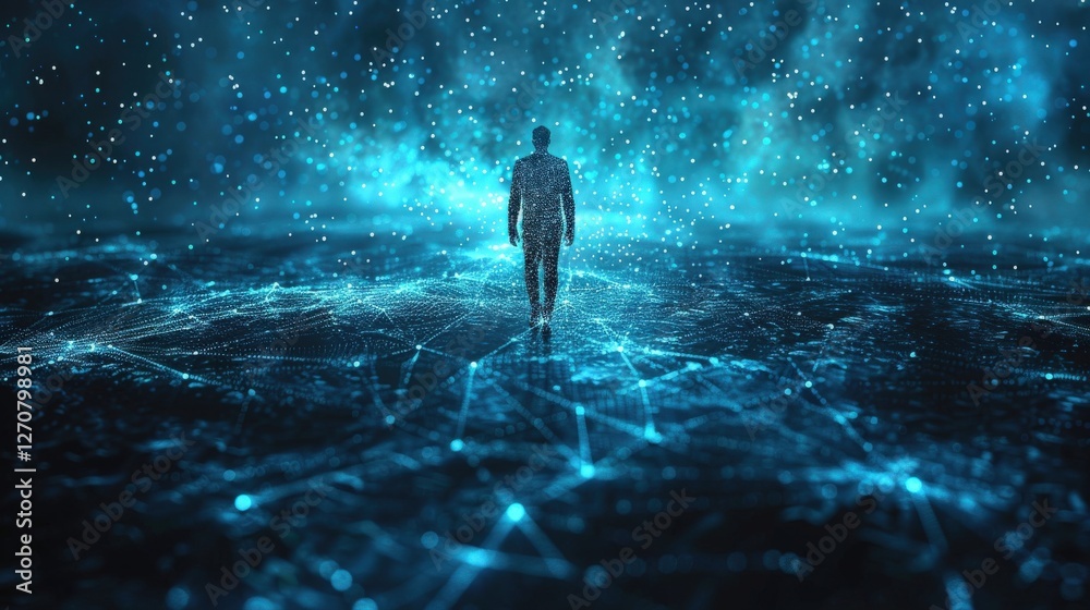 Futuristic digital human figure walking through abstract data landscape. Concept of artificial intelligence, technology, and digital transformation representing future innovation, connectivity. Futuristic digital human figure walking through abstract data landscape. Concept of artificial intelligence, technology, and digital transformation representing future innovation, connectivity.