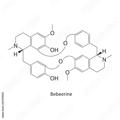 Bebeerine skeletal structure.Alkaloid compound schematic illustration. Simple diagram, chemical formula.