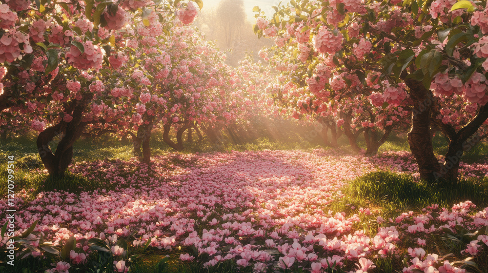 Naklejka premium Romantic spring garden with pink cherry blossoms sunlit pathway blooming trees floral scenic landscape peaceful nature beauty retreat