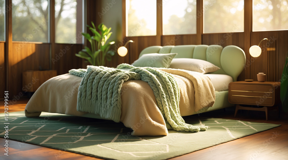 Obraz premium Cozy and serene mid century bedroom with warm earthy walls modern decoration tree filled view outside the window offering natural beauty Modern Interior design inspiration