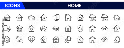 House or Real estate icon set. It contains the house, key, buy, sell, loan, smart home, building, mortgage, address, renovation, land, kitchen, bedroom, living room, and bathroom. vector collection