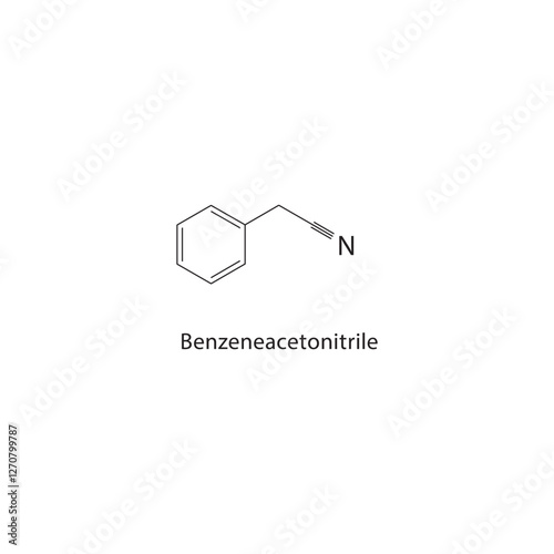 Benzeneacetonitrile skeletal structure.Nitrile compound schematic illustration. Simple diagram, chemical formula.