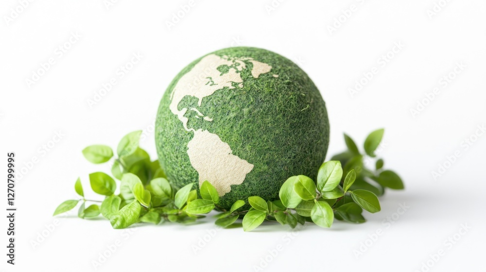 Green Globe, Leaves, Sustainability, Eco-Friendly, Earth Day, White Background, Environmental Protection, Stock Photo Green Globe, Leaves, Sustainability, Eco-Friendly, Earth Day, White Background, Environmental Protection, Stock Photo