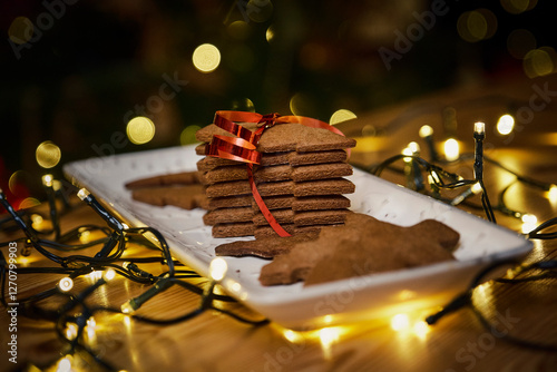 Christmas tree shaped gingerbread cookies in plate near string lights photo