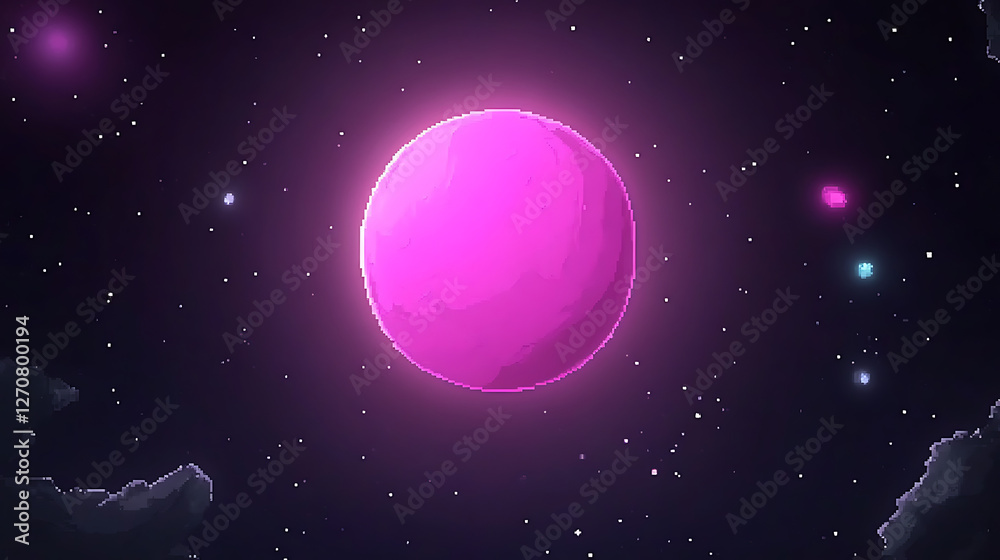 Obraz premium Pixelated Pink Planet Glow in Deep Dark Space Amidst Distant Stars and Digital Nebula Clouds Night