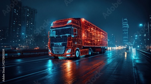 Illuminated Truck on Rainy Night City Highway