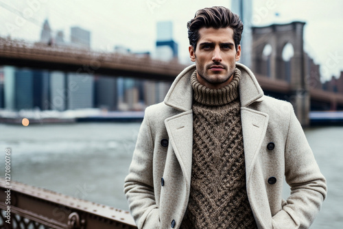 Man in stylish coat and sweater standing on bridge over river photo