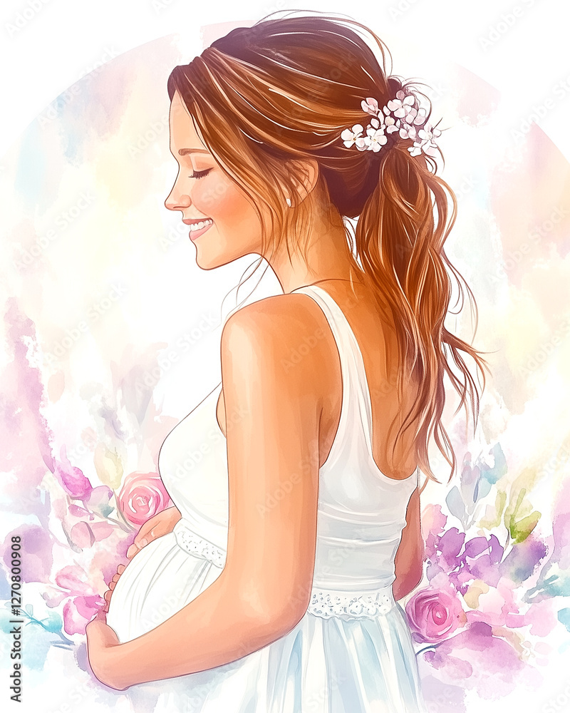 A woman is holding a baby in her arms and smiling. The baby is in the middle of the image, and the woman is wearing a white dress. The flowers in the background add a touch of color A woman is holding a baby in her arms and smiling. The baby is in the middle of the image, and the woman is wearing a white dress. The flowers in the background add a touch of color