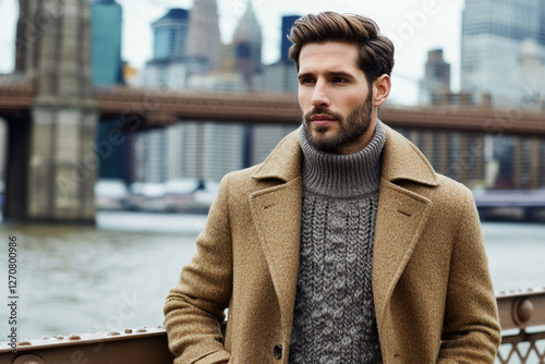 Man in stylish coat and sweater standing on bridge over river photo