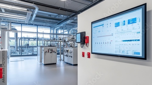 Industrial control room monitor displays process data; background shows factory equipment