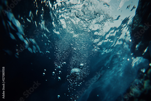 Underwater view with bubbles rising to the surface in a deep blue ocean
