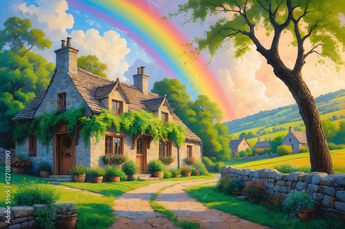 Idyllic Stone Cottage in a Vibrant Countryside, with Rolling Hills, Blooming Vines, a Majestic Rainbow, and Warm Light Casting Shadows, Evoking a Picturesque and Serene European Folk Art Scene
