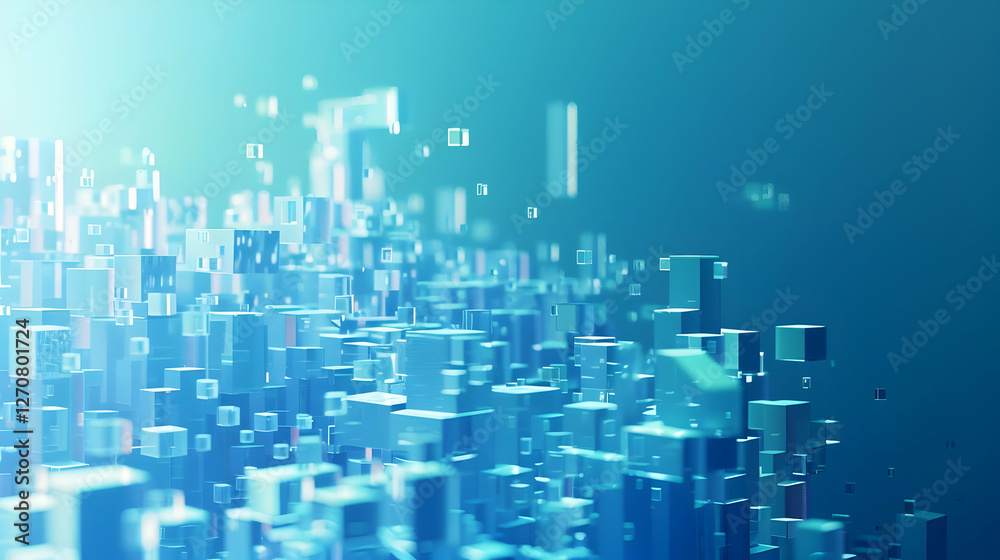 Fototapeta premium Abstract digital landscape featuring floating geometric shapes in a serene blue environment