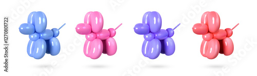 Inflatable toy balloons in the form of a dog of different colors. Realistic 3D style. Vector illustration.