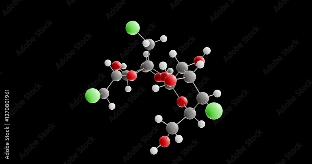 Sucralose molecule, rotating 3D model of e955, looped video on a black background Sucralose molecule, rotating 3D model of e955, looped video on a black background